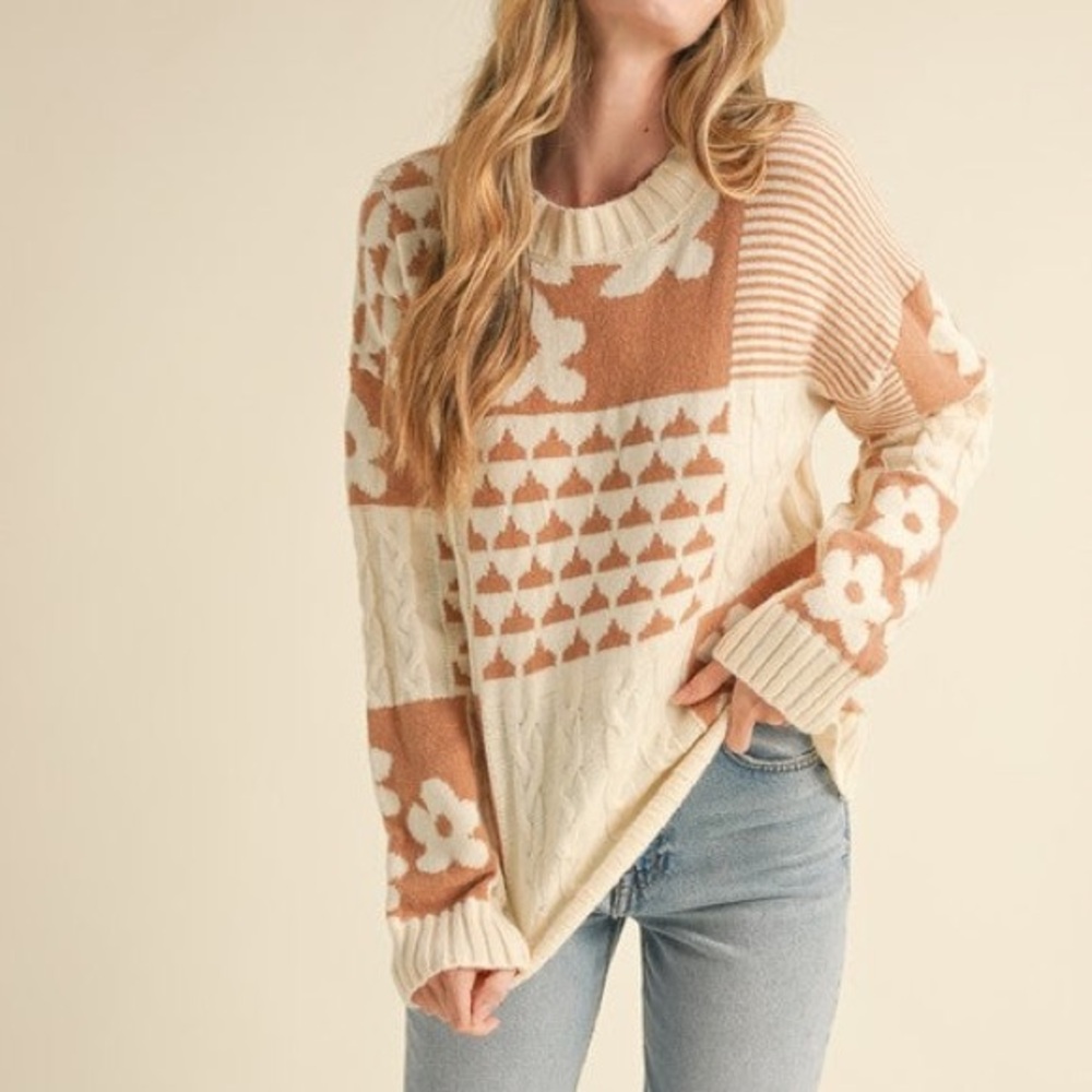 {&merci} Knit Patchwork Sweater with Floral and Cable Knit Design - Womens Small - Picture 2 of 10